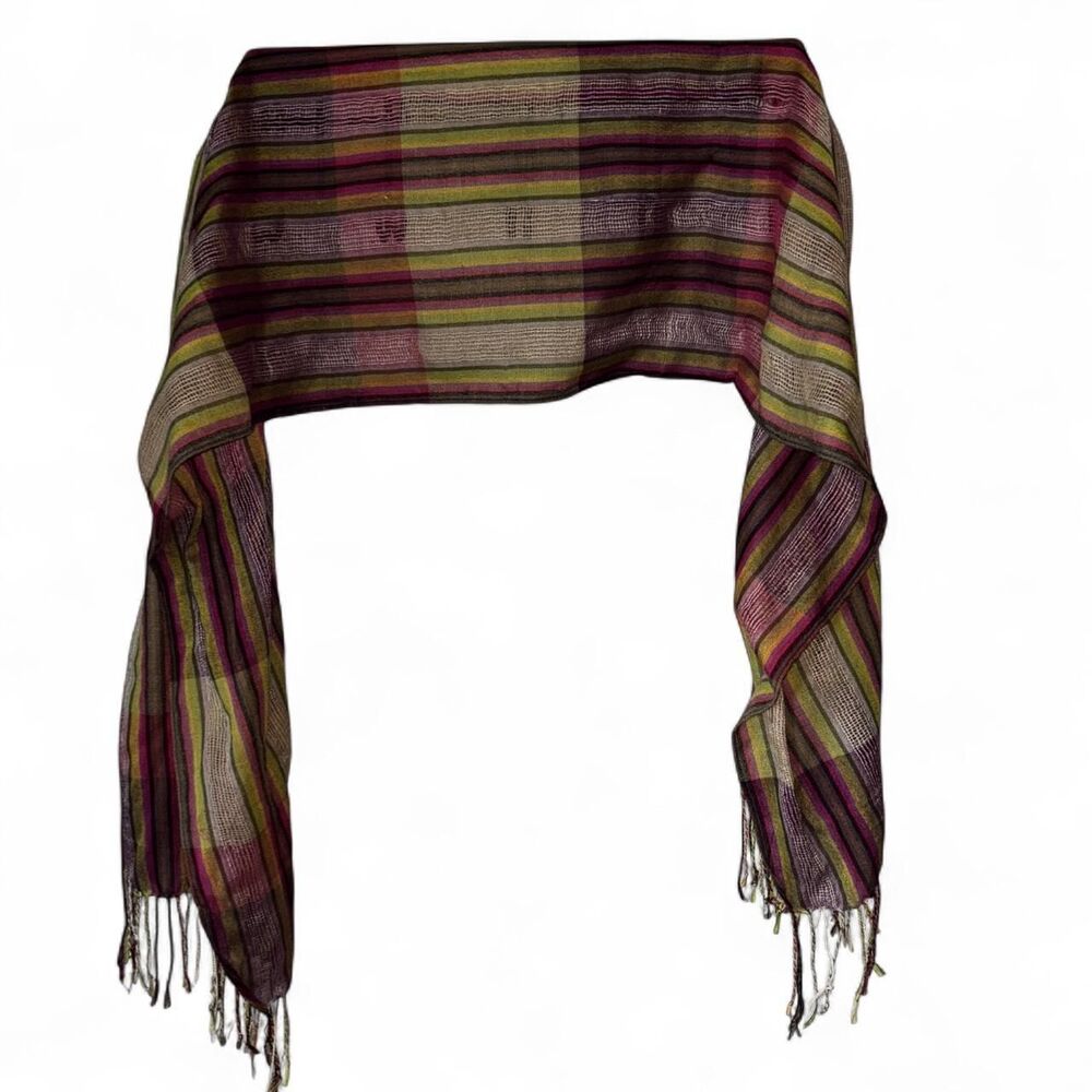Lime Green and Hot Pink Plaid Scarf With Tassels